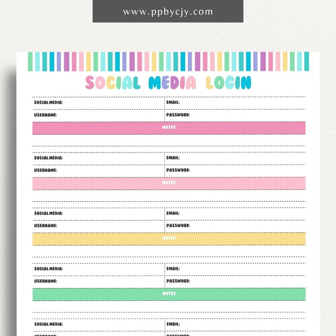 Social Media Login Printable Template – Digital download for securely recording and managing login information for various social media accounts