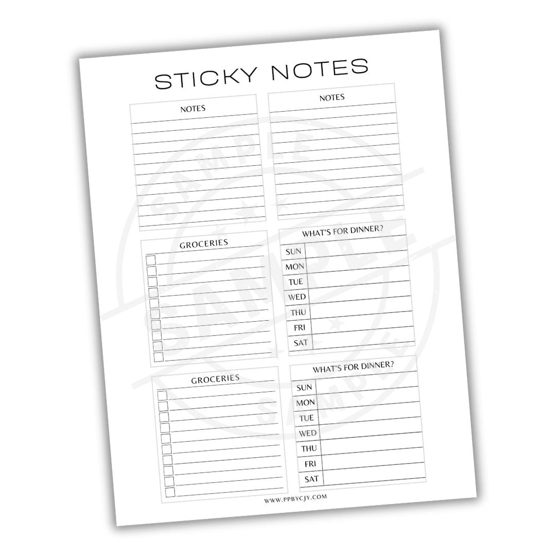 Sheet of pre-printed sticky notes with daily and weekly planning templates on a white background.