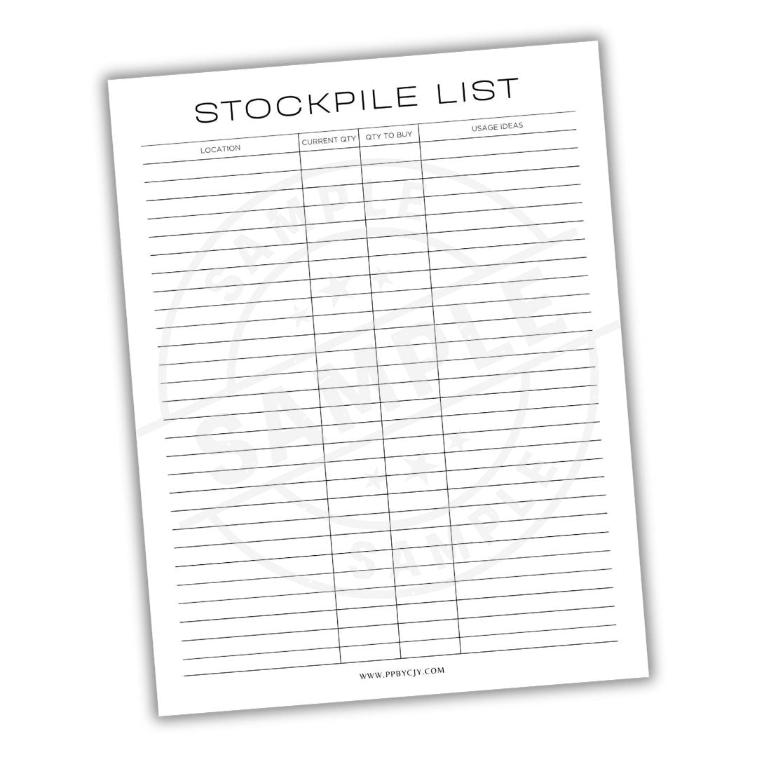 Stockpile list sheet with columns for location, current qty, quantity to buy, and order ideal.