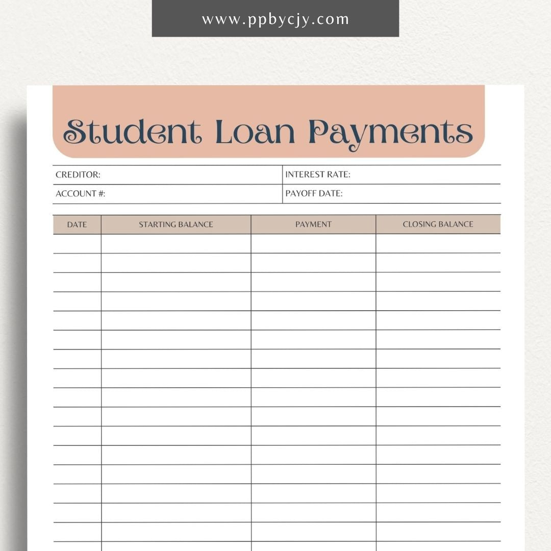 Student Loan Payoff Log Printable Template – Digital download for tracking and managing student loan payments, balances, and payoff progress