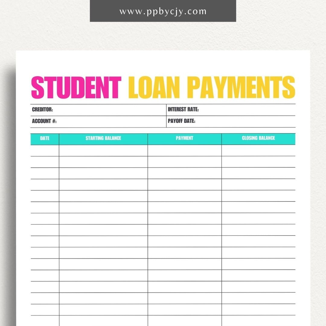Student Loan Payoff Log Printable Template – Digital download for tracking and managing student loan payments, balances, and payoff progress