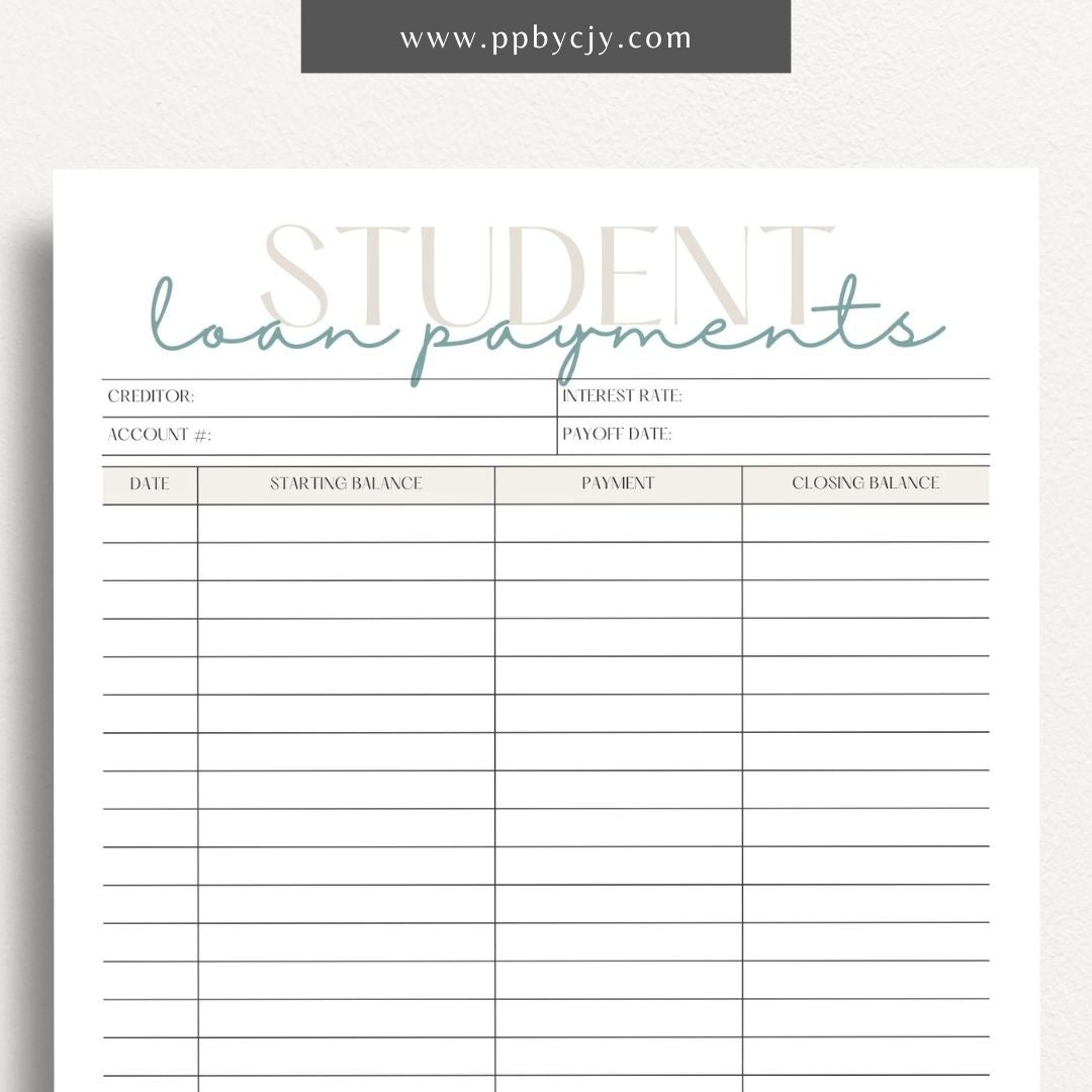 Student Loan Payoff Log Printable Template – Digital download for tracking and managing student loan payments, balances, and payoff progress