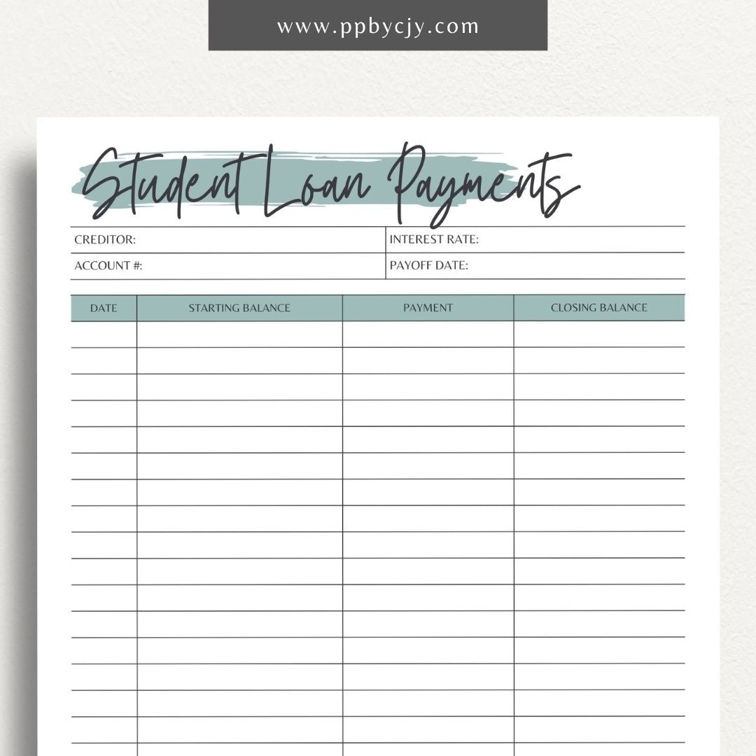 Student Loan Payoff Log Printable Template – Digital download for tracking and managing student loan payments, balances, and payoff progress