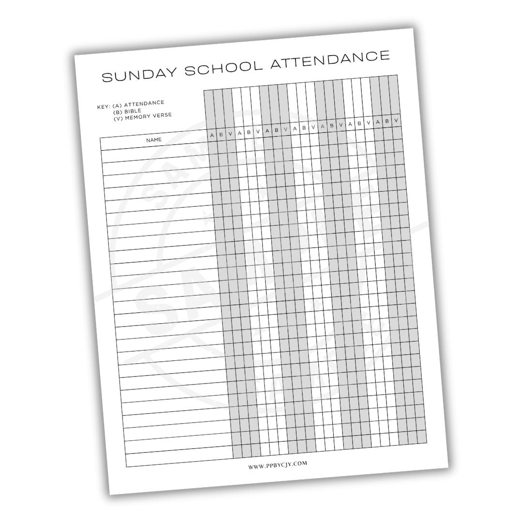 Sunday School Attendance sheet with grid and text on a white background
