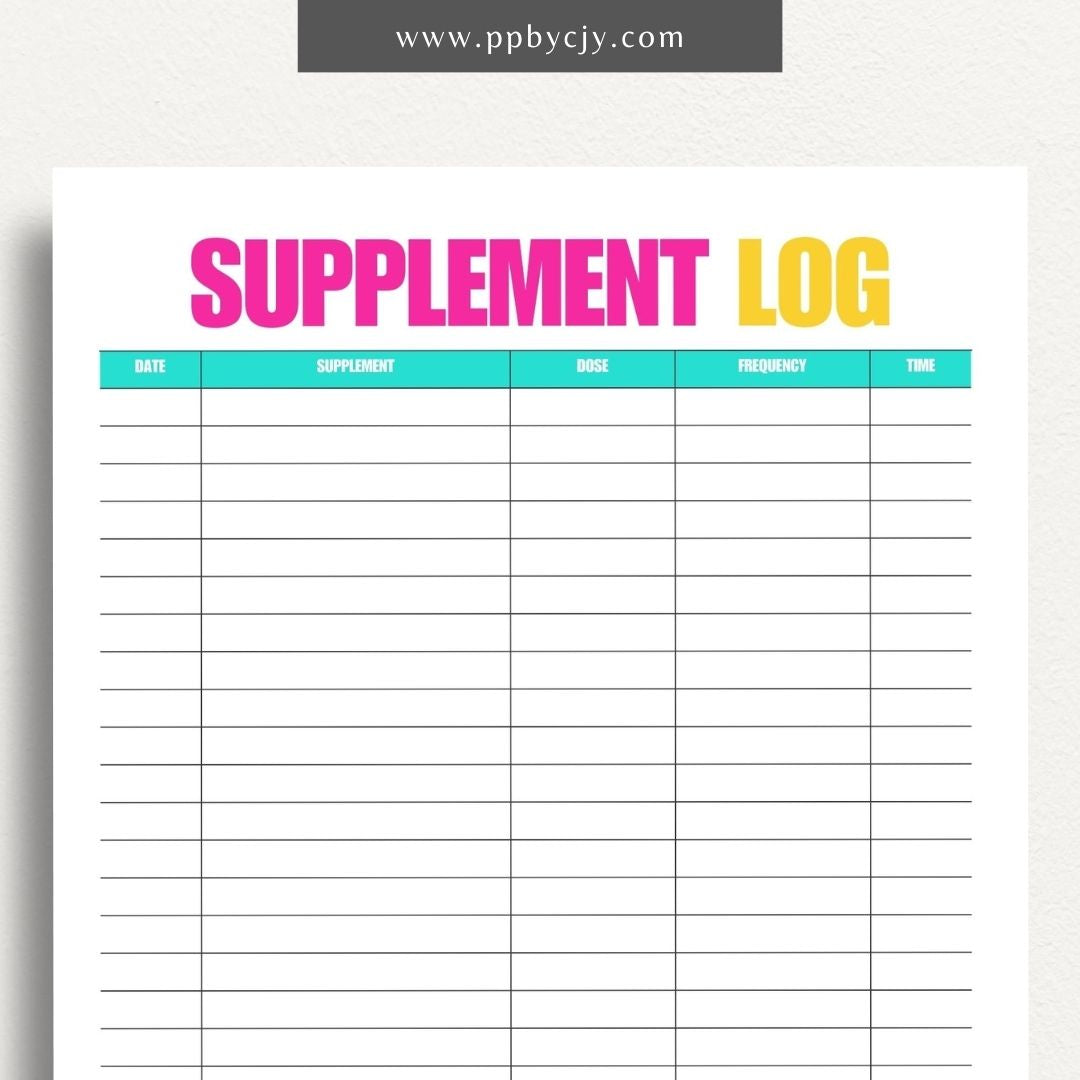 Supplement Tracker Printable Template – Digital download for recording and managing supplement intake, including types, dosages, and schedules
