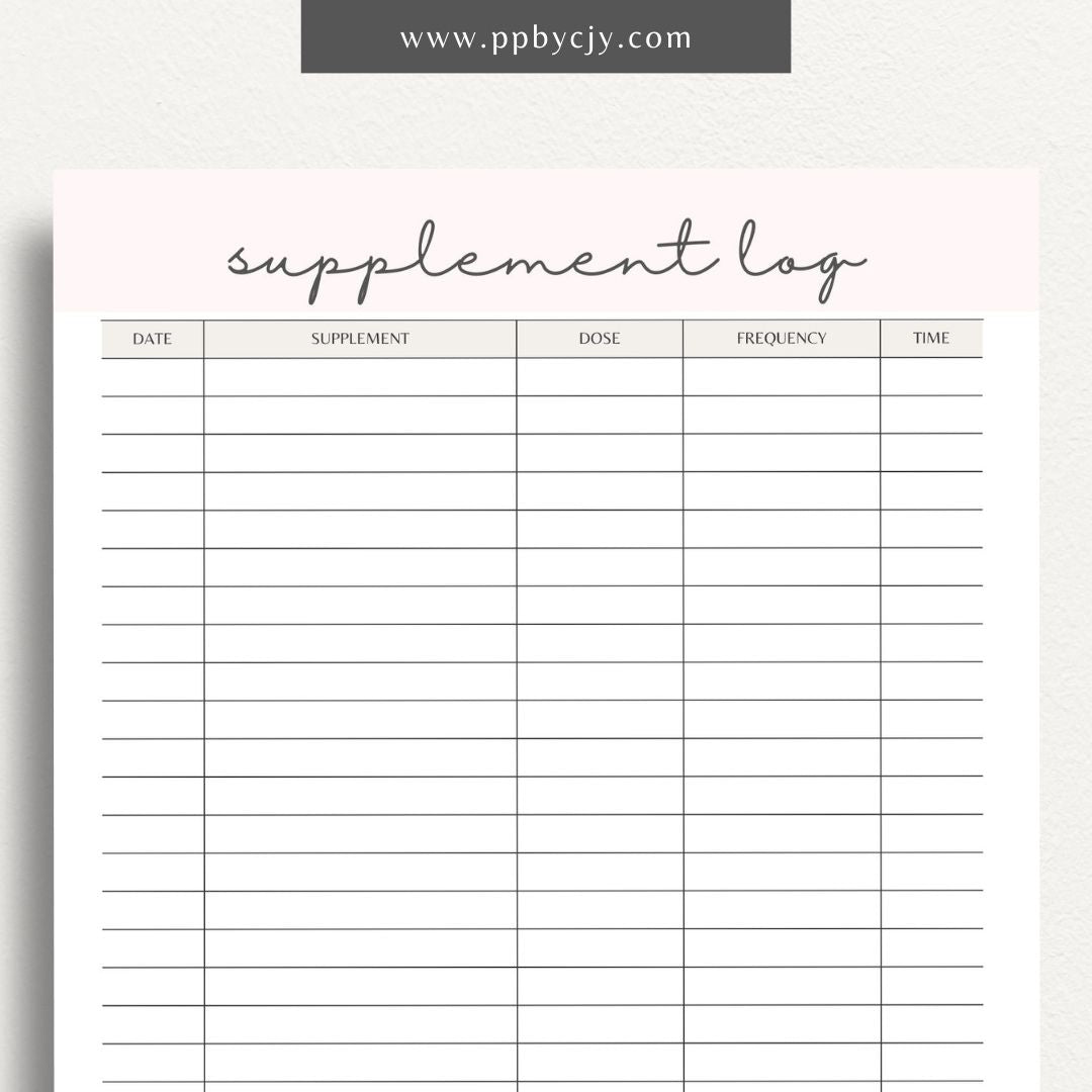 Supplement Tracker Printable Template – Digital download for recording and managing supplement intake, including types, dosages, and schedules