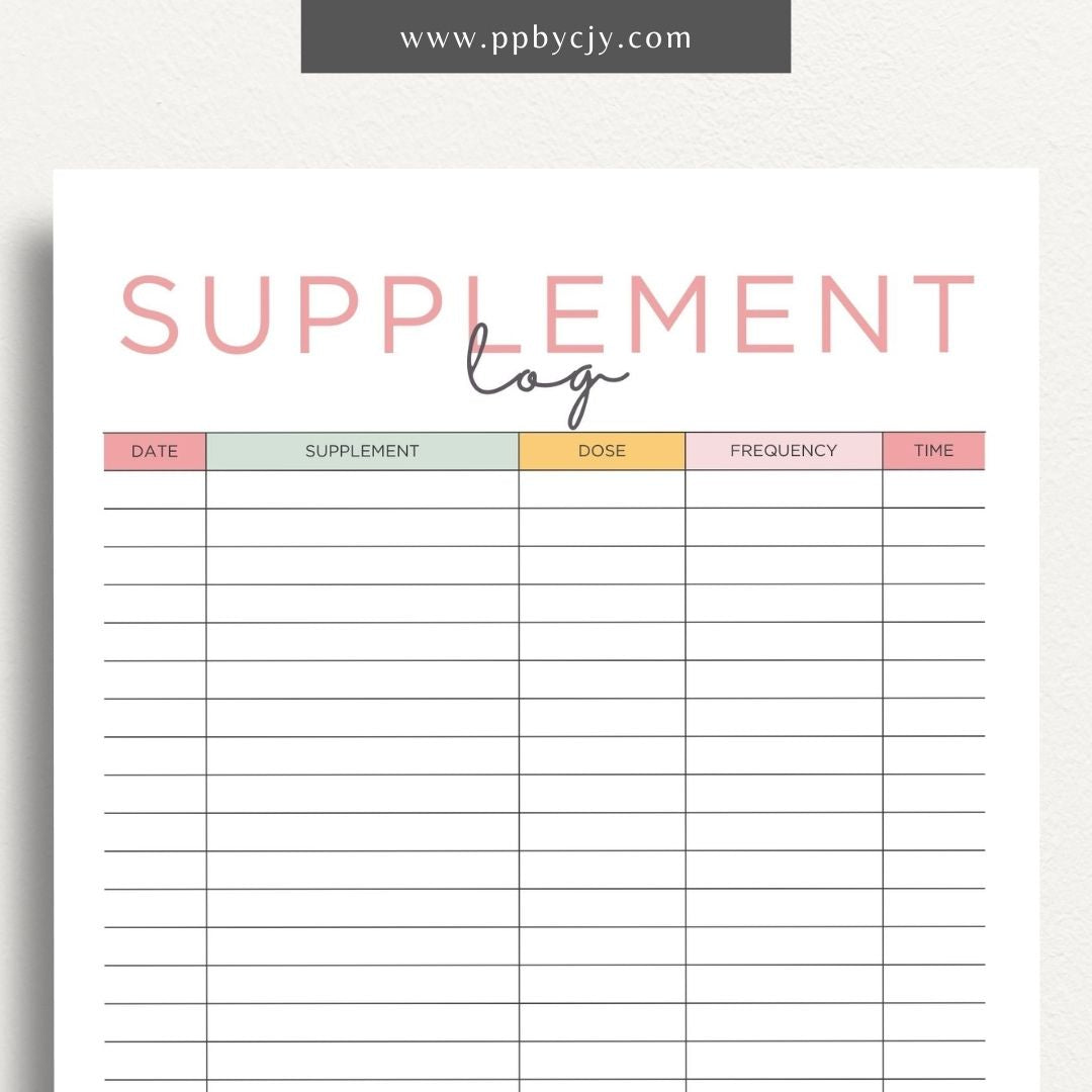 Supplement Tracker Printable Template – Digital download for recording and managing supplement intake, including types, dosages, and schedules
