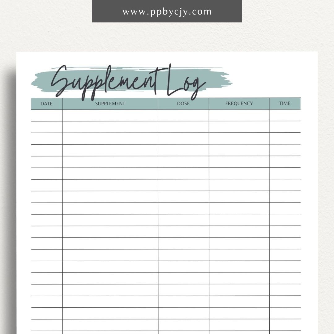 Supplement Tracker Printable Template – Digital download for recording and managing supplement intake, including types, dosages, and schedules