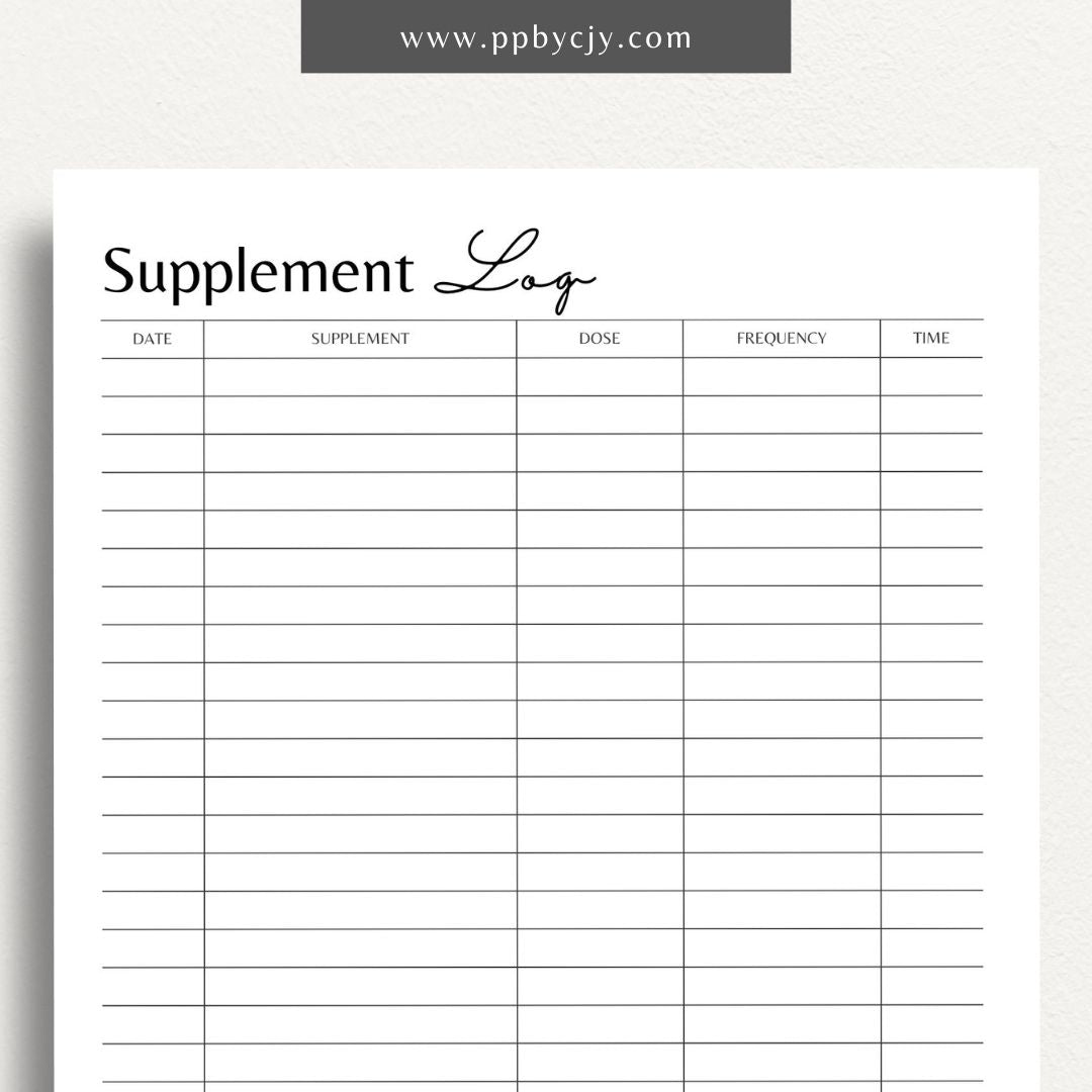 Supplement Tracker Printable Template – Digital download for recording and managing supplement intake, including types, dosages, and schedules