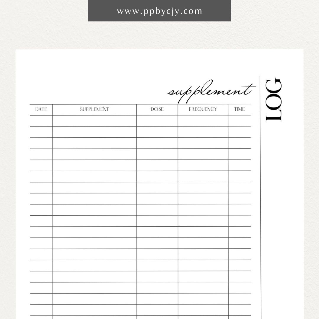 Supplement Tracker Printable Template – Digital download for recording and managing supplement intake, including types, dosages, and schedules