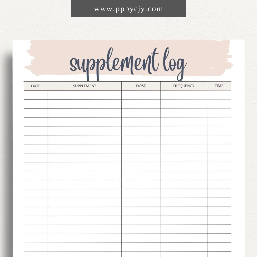 Supplement Tracker Printable Template – Digital download for recording and managing supplement intake, including types, dosages, and schedules