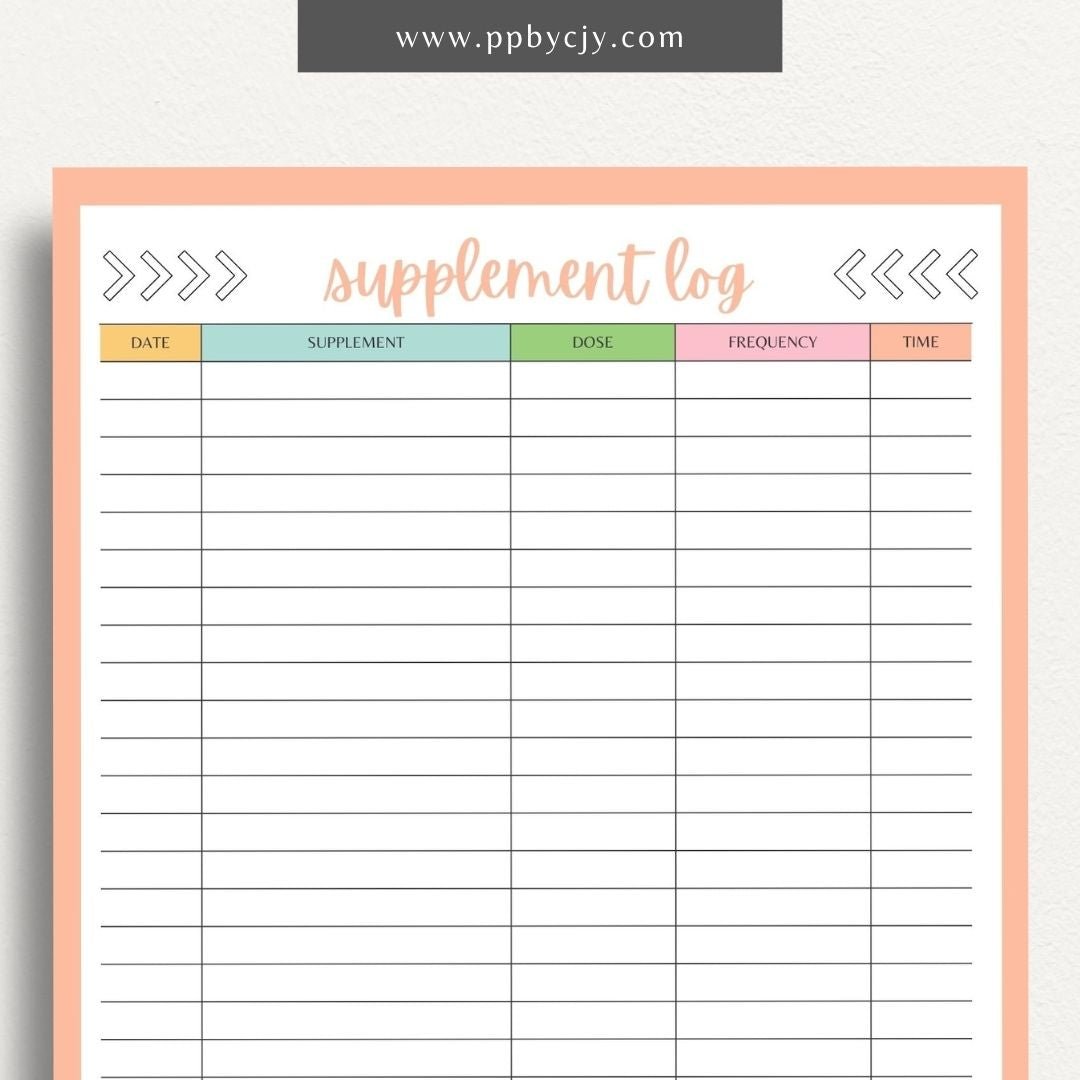Supplement Tracker Printable Template – Digital download for recording and managing supplement intake, including types, dosages, and schedules