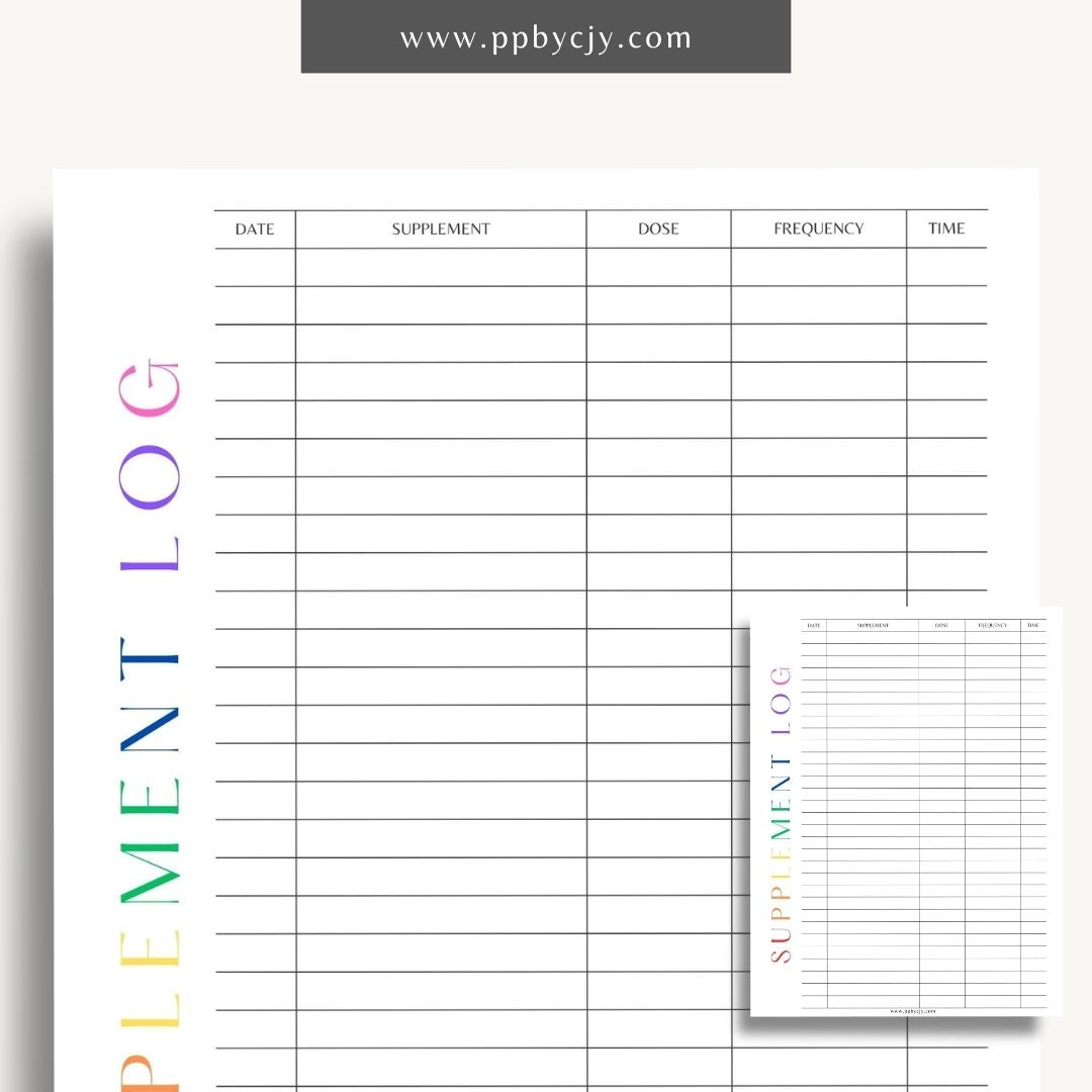 Supplement Tracker Printable Template – Digital download for recording and managing supplement intake, including types, dosages, and schedules