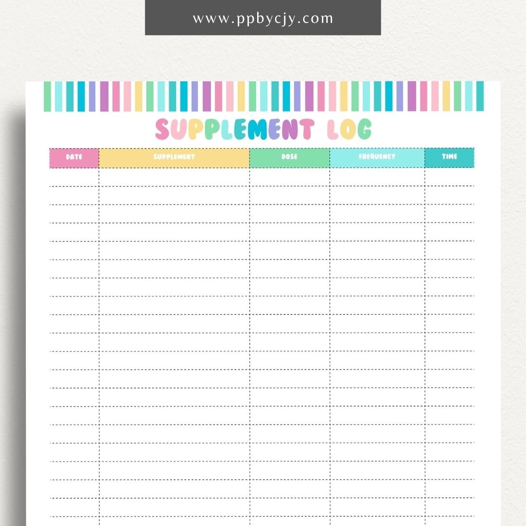Supplement Tracker Printable Template – Digital download for recording and managing supplement intake, including types, dosages, and schedules