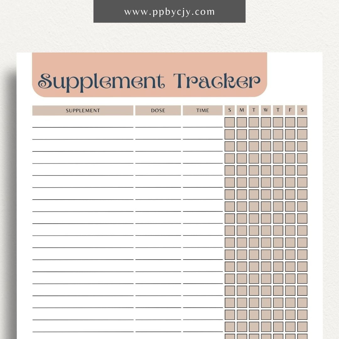 Supplement Tracker Printable Template – Digital download for recording and managing supplement intake, including types, dosages, and schedules