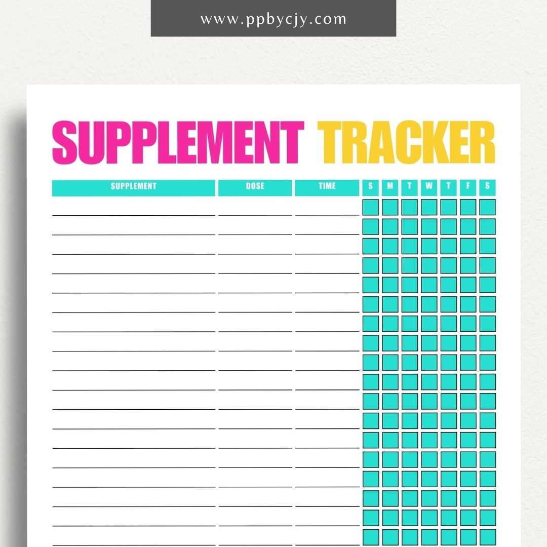 Supplement Tracker Printable Template – Digital download for recording and managing supplement intake, including types, dosages, and schedules