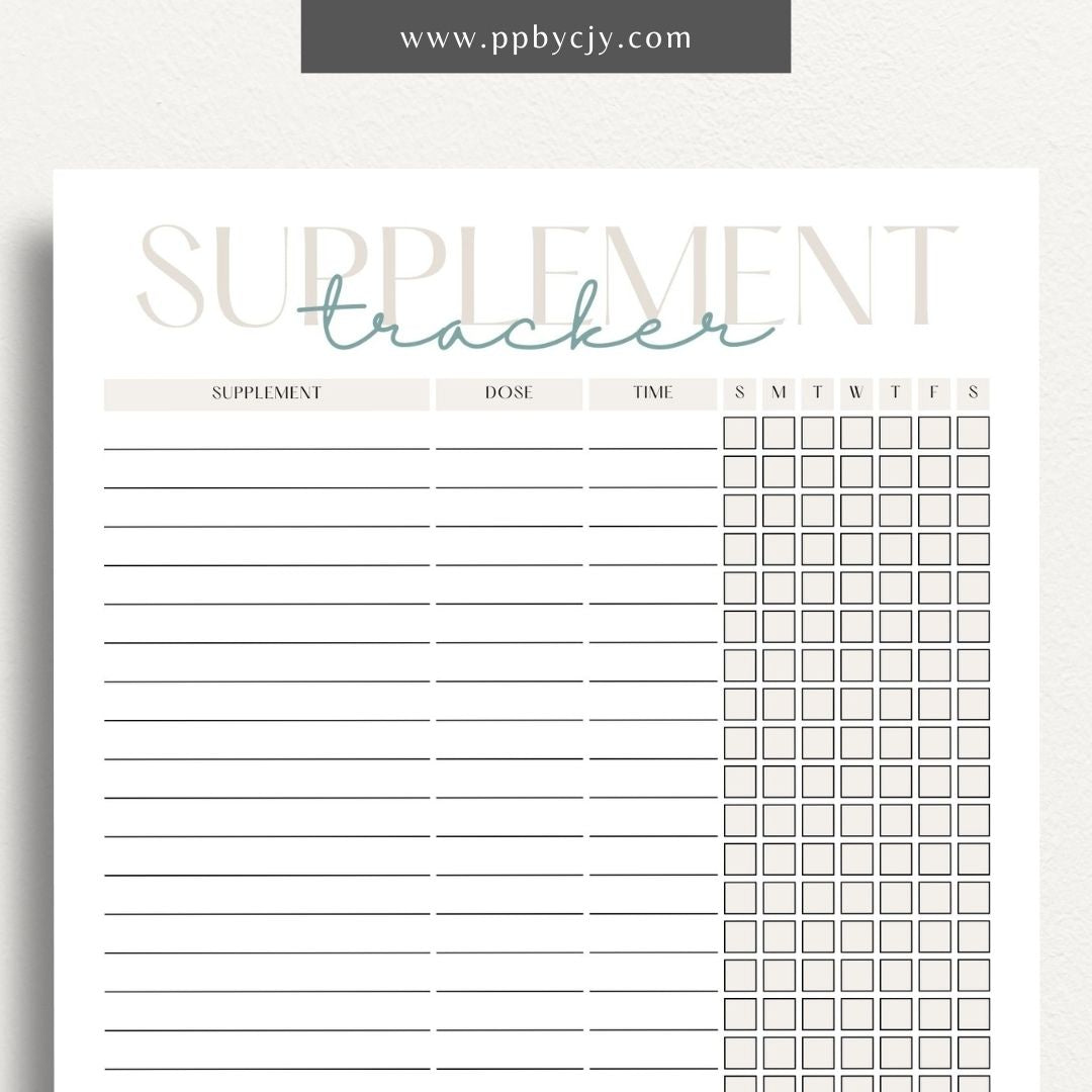 Supplement Tracker Printable Template – Digital download for recording and managing supplement intake, including types, dosages, and schedules