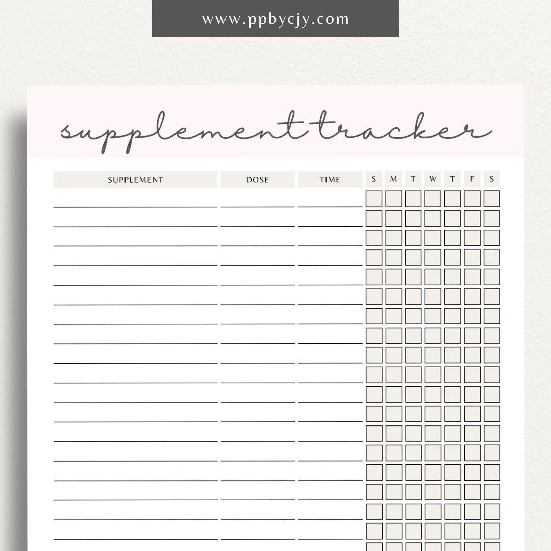 Supplement Tracker Printable Template – Digital download for recording and managing supplement intake, including types, dosages, and schedules