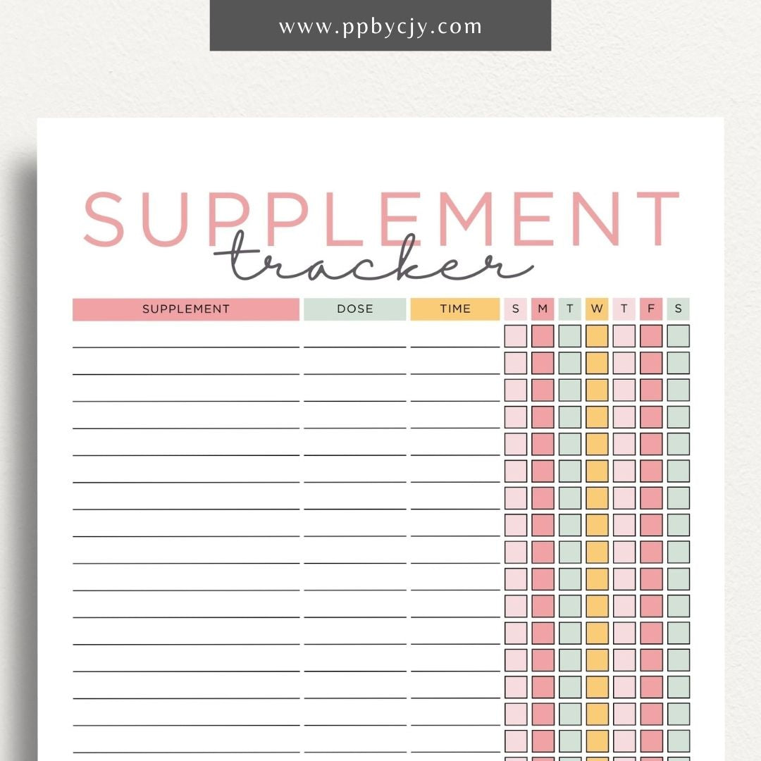 Supplement Tracker Printable Template – Digital download for recording and managing supplement intake, including types, dosages, and schedules