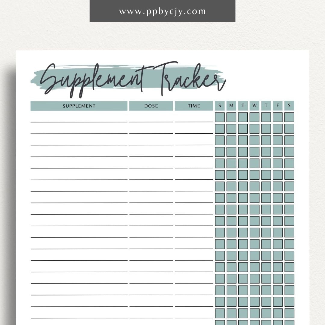 Supplement Tracker Printable Template – Digital download for recording and managing supplement intake, including types, dosages, and schedules