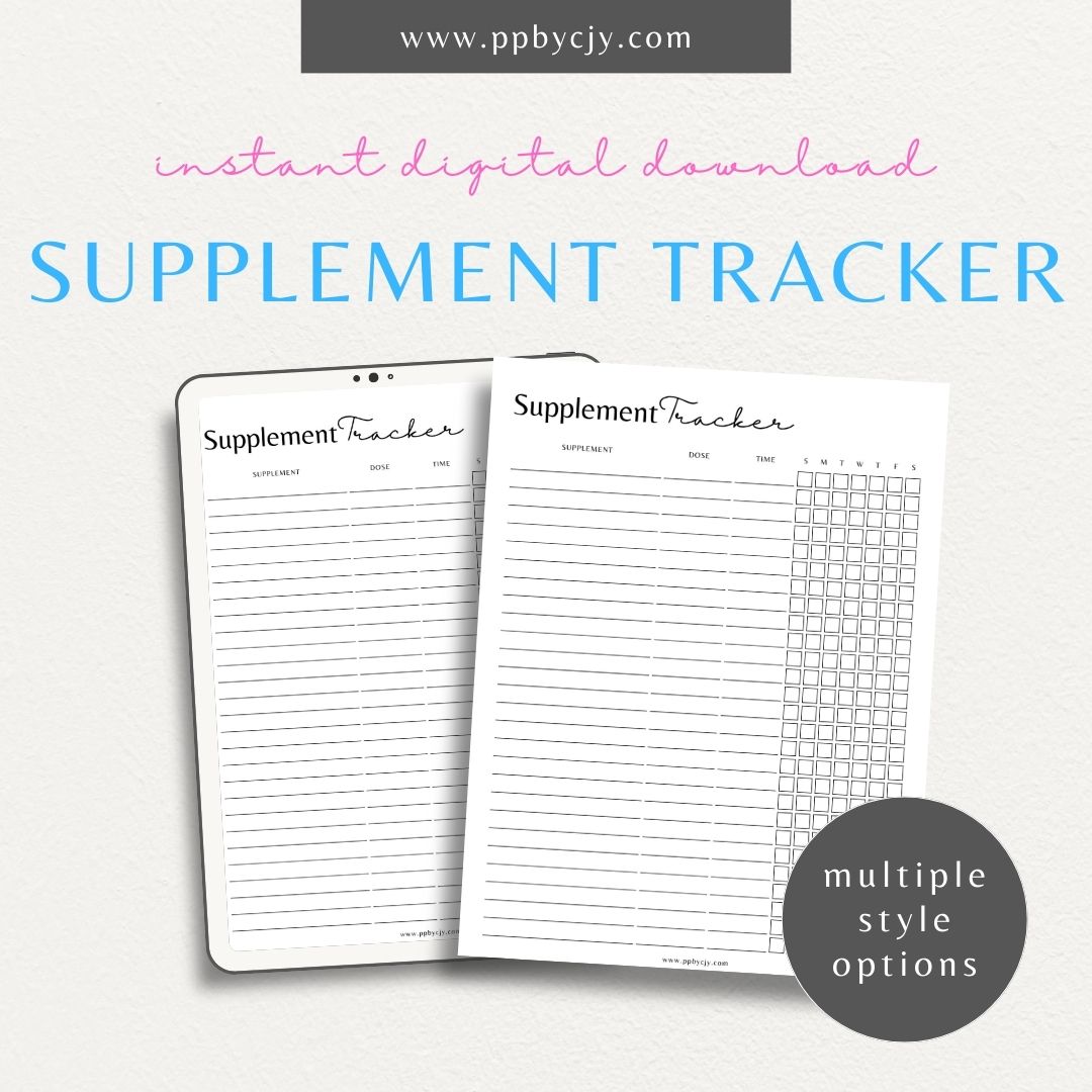 Supplement Tracker Printable Template – Digital download for recording and managing supplement intake, including types, dosages, and schedules