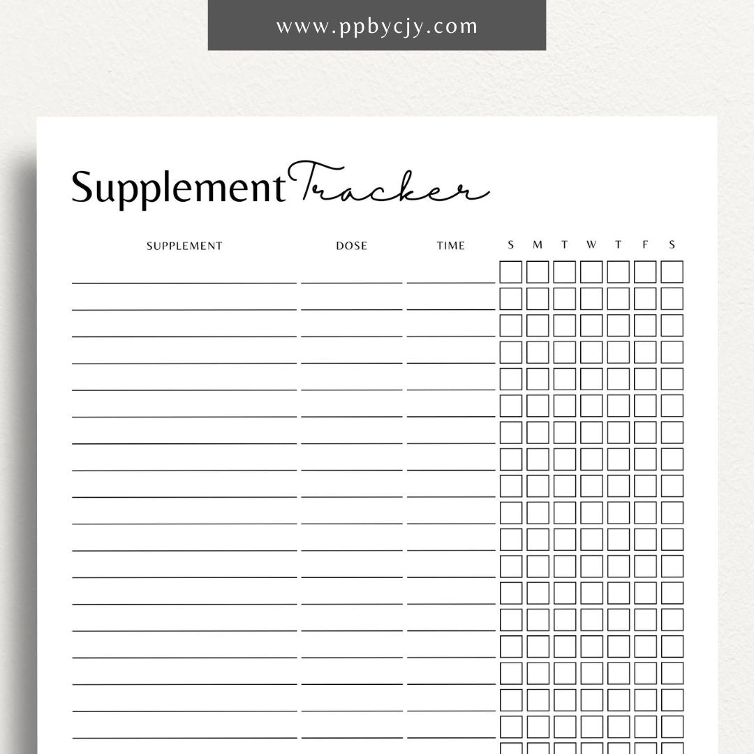 Supplement Tracker Printable Template – Digital download for recording and managing supplement intake, including types, dosages, and schedules