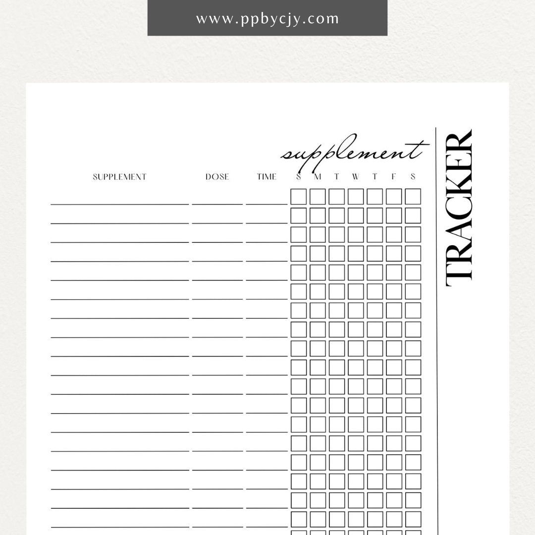 Supplement Tracker Printable Template – Digital download for recording and managing supplement intake, including types, dosages, and schedules