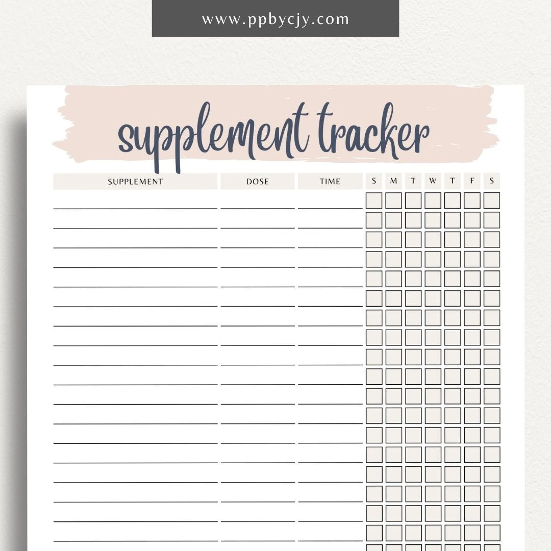 Supplement Tracker Printable Template – Digital download for recording and managing supplement intake, including types, dosages, and schedules