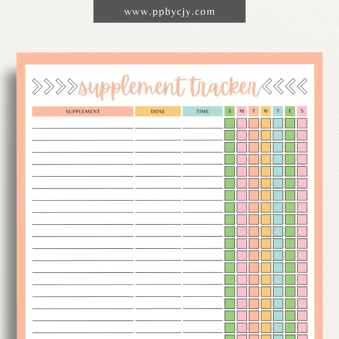 Supplement Tracker Printable Template – Digital download for recording and managing supplement intake, including types, dosages, and schedules