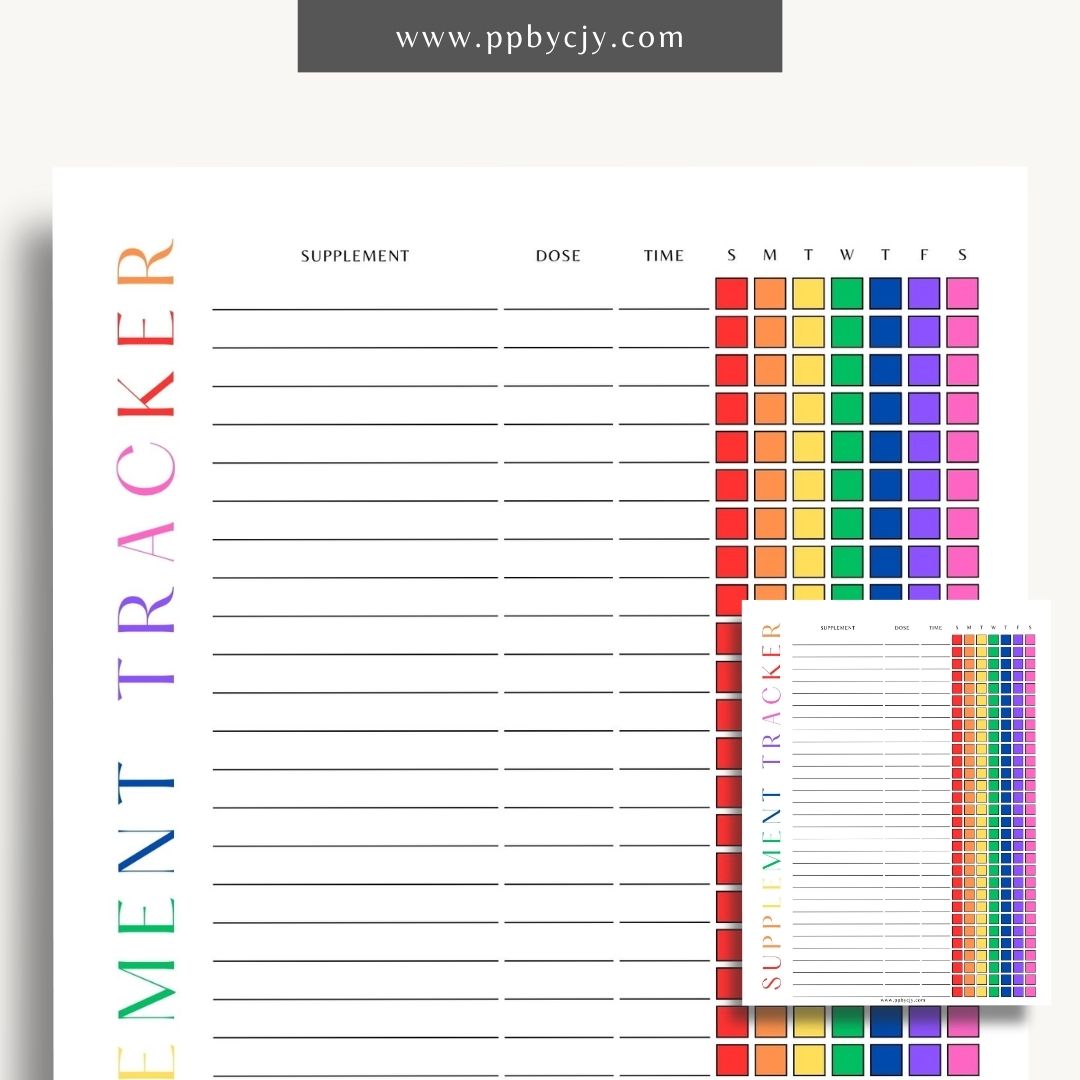 Supplement Tracker Printable Template – Digital download for recording and managing supplement intake, including types, dosages, and schedules