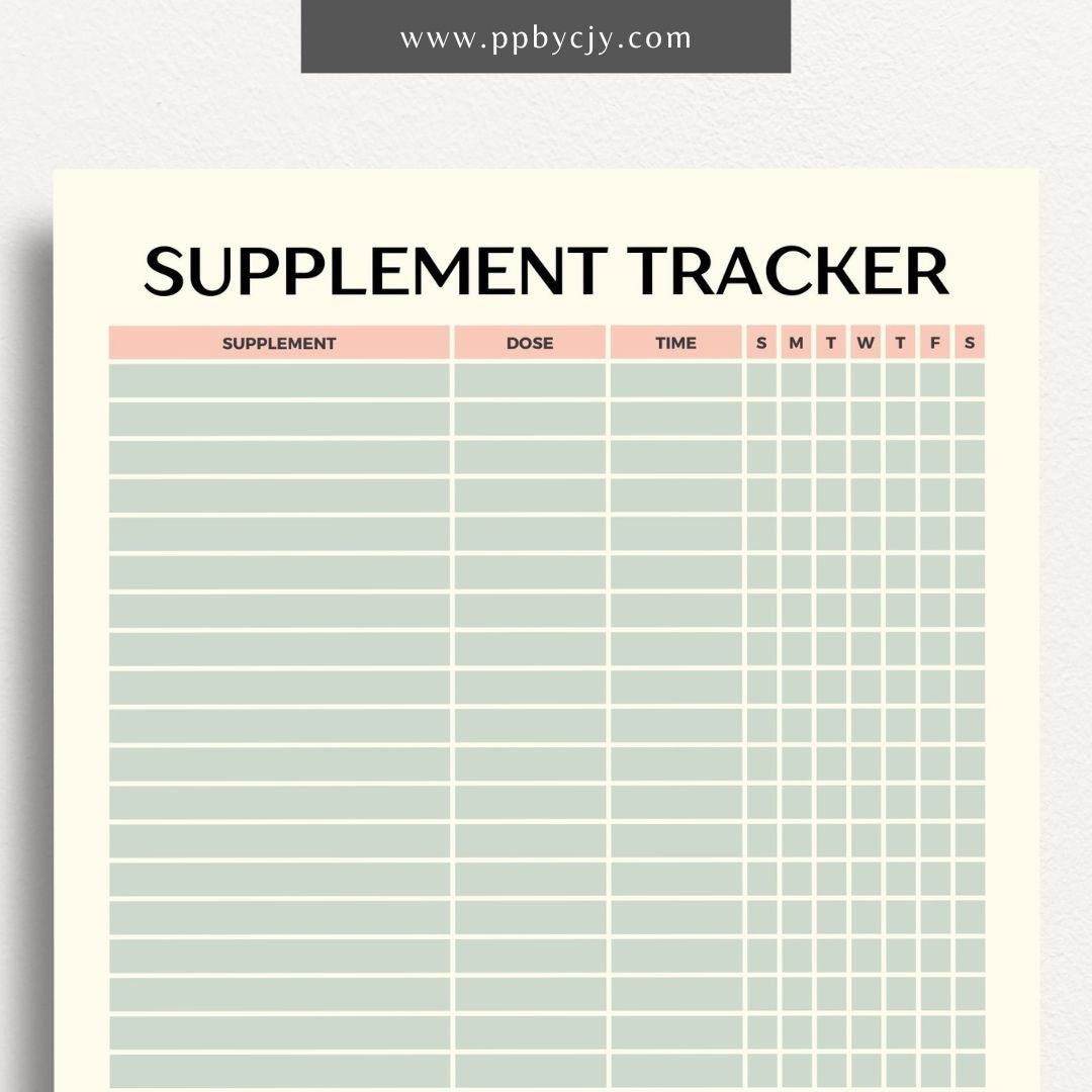 Supplement Tracker Printable Template – Digital download for recording and managing supplement intake, including types, dosages, and schedules