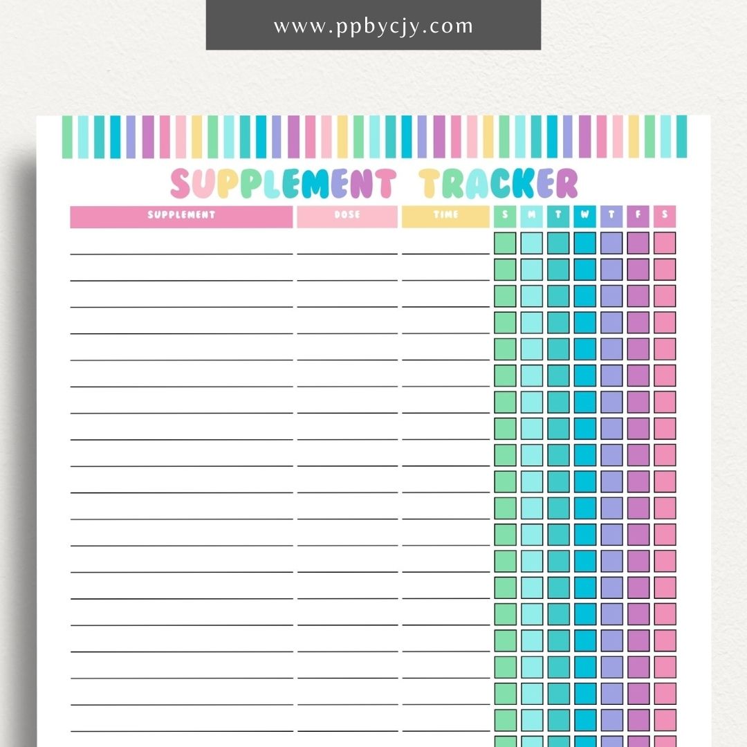 Supplement Tracker Printable Template – Digital download for recording and managing supplement intake, including types, dosages, and schedules