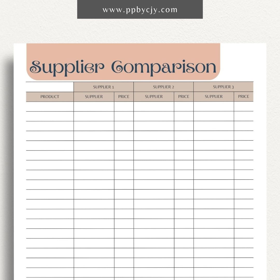 Supplier Comparison Printable Template – Digital download for evaluating and comparing suppliers, including prices, quality, and delivery times