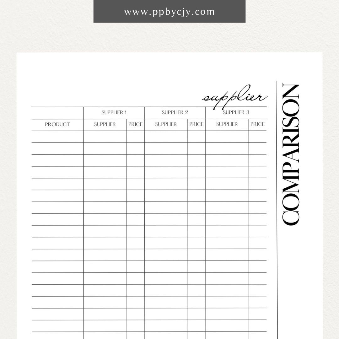 Supplier Comparison Printable Template – Digital download for evaluating and comparing suppliers, including prices, quality, and delivery times