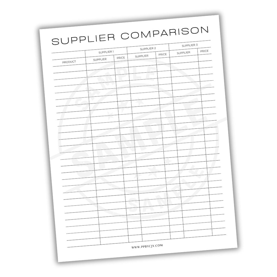 Supplier comparison sheet with columns for product, supplier, price, and notes on a white background.