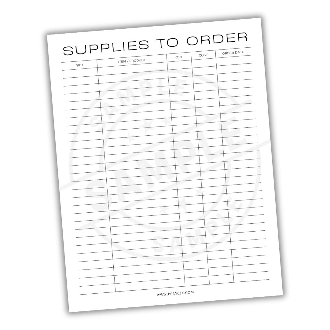 Supplies to order form with columns for item, quantity, and cost on a white background.