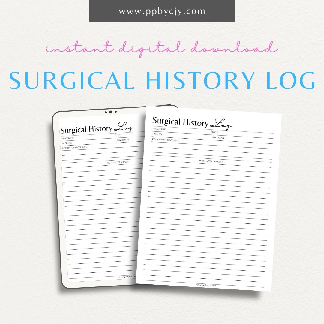 Track past surgeries, dates, and recovery details with this printable surgical history log template.