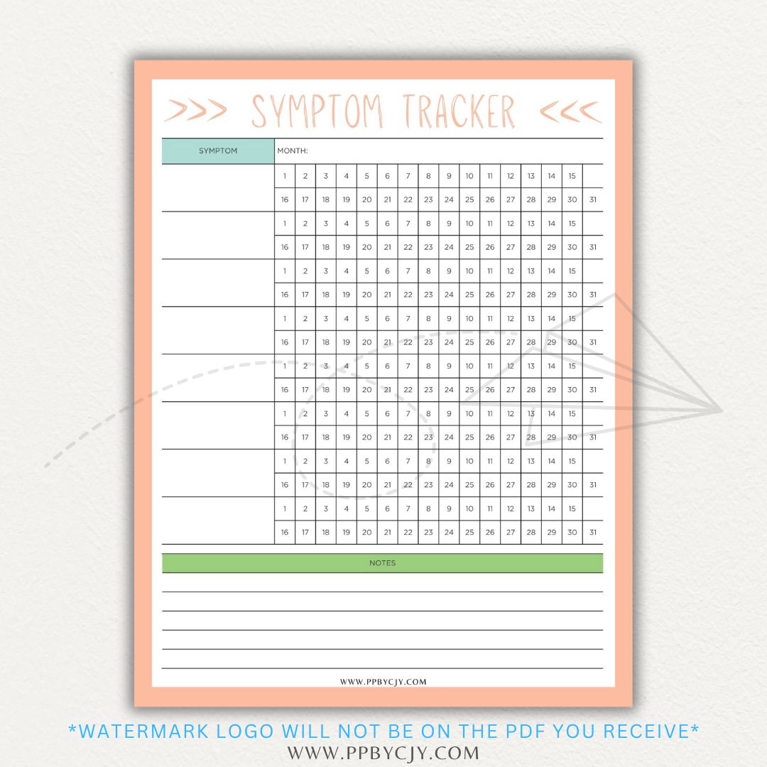 Health symptom tracker printable PDF template with sections for logging symptoms, severity, frequency, triggers, medications, and notes for doctor visits.