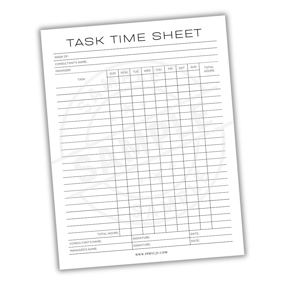 Task time sheet with columns for days of the week and hours tracked, on a white background.