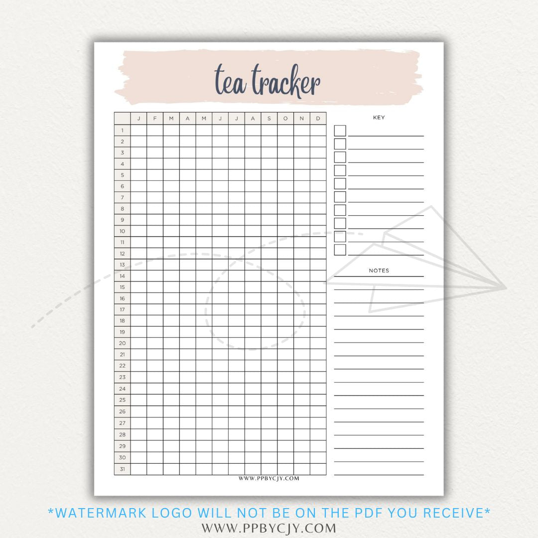 Tea Tracker Printable PDF Template for logging tea names, flavors, and steeping times.