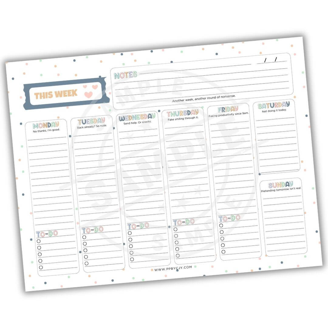 Weekly planner pad with days of the week and checkboxes on a white background