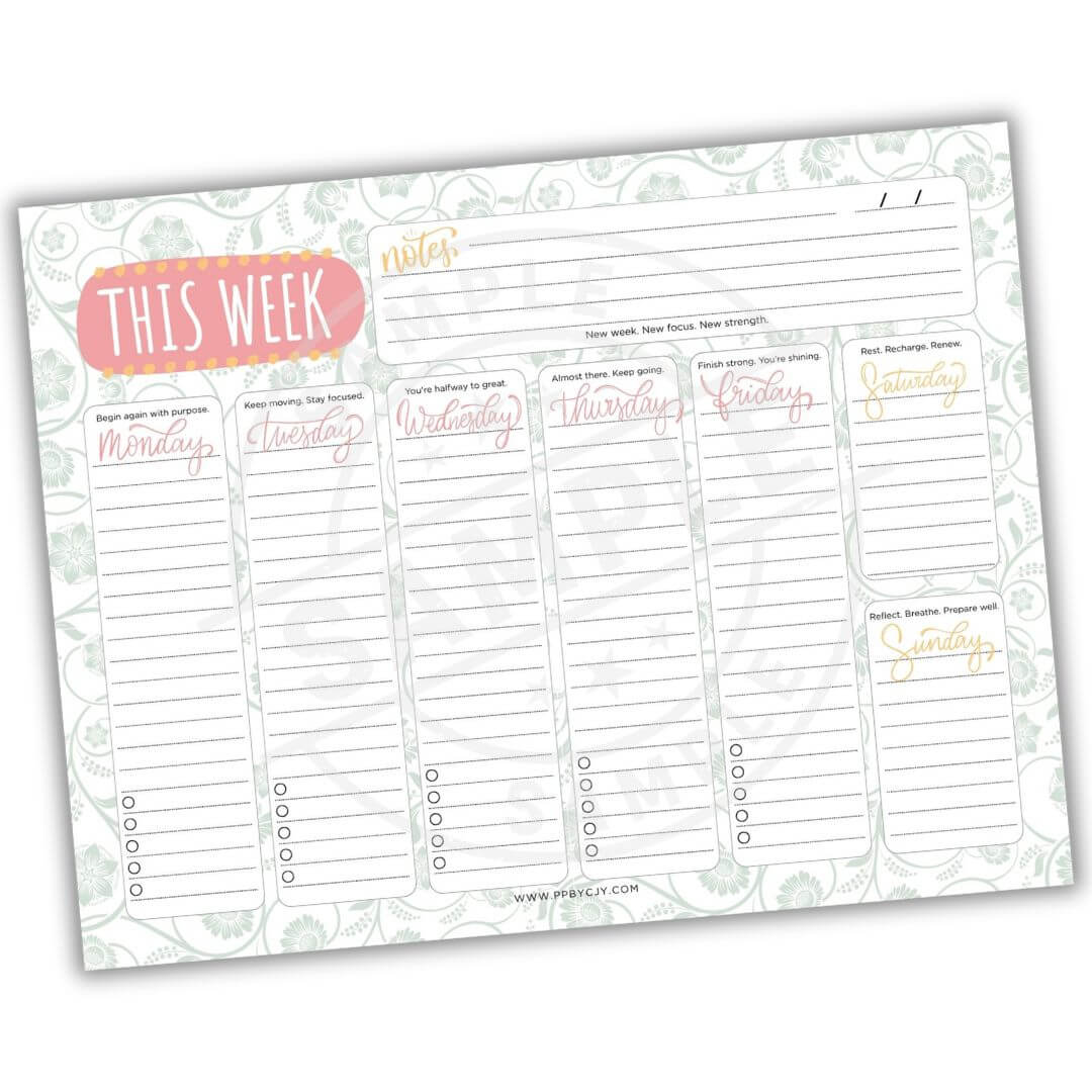 Weekly planner pad with days of the week and checkboxes on a white background