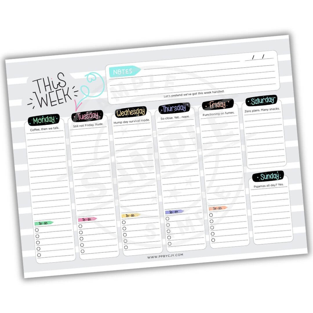 Weekly planner sheet with days of the week and checkboxes on a white background