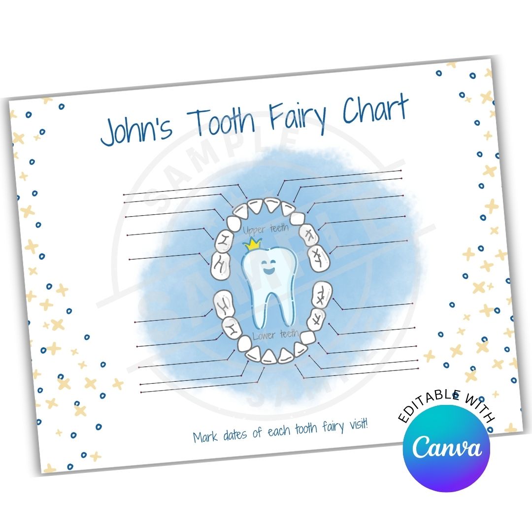 Tooth fairy chart for John with a cartoon tooth and star designs, featuring Canva editing logo.