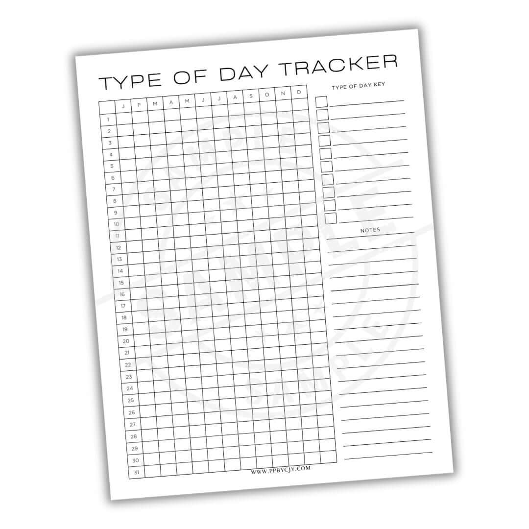 Type of Day Tracker sheet with grid and key on a white background