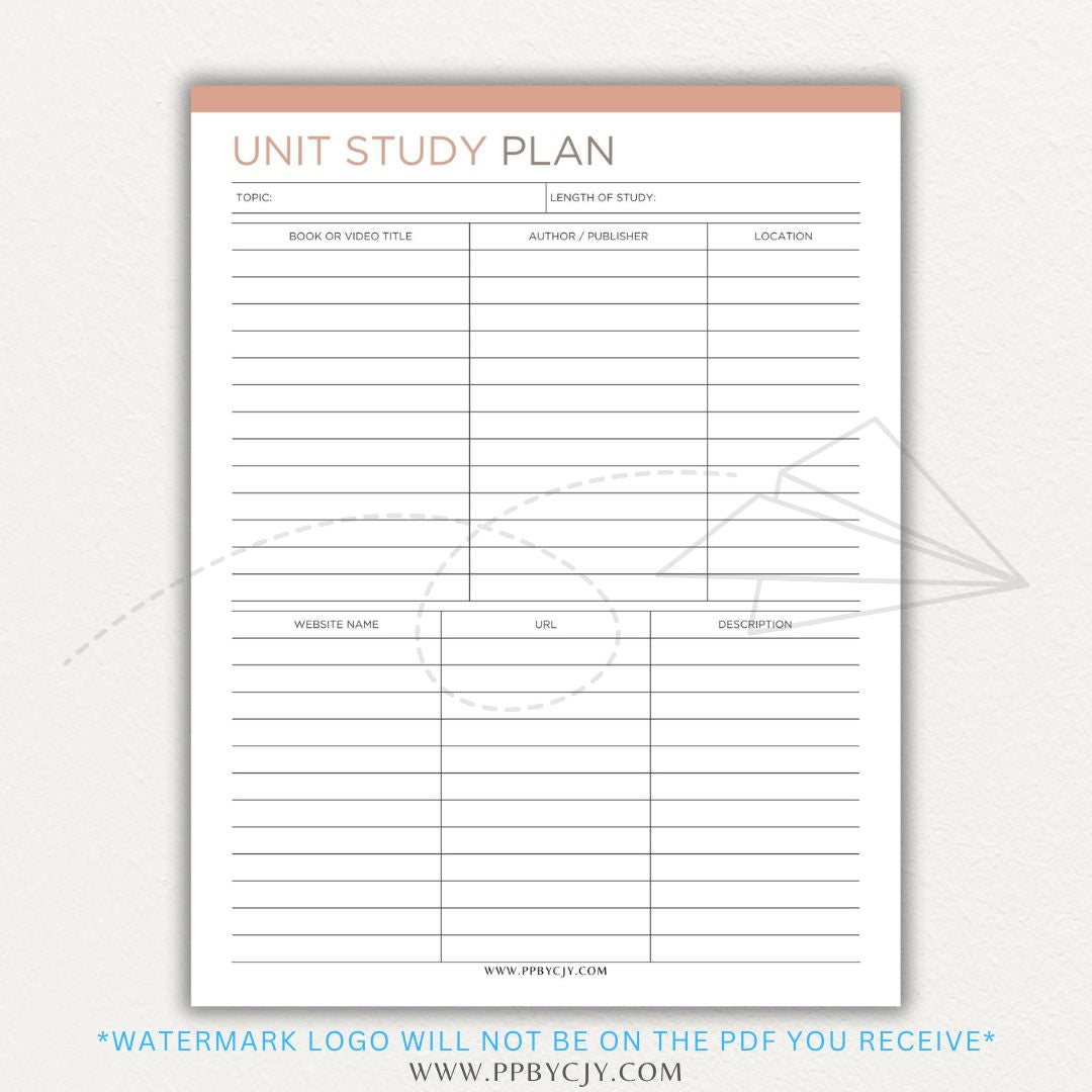 Unit Study Planner Printable PDF Template for homeschool and independent learning organization.