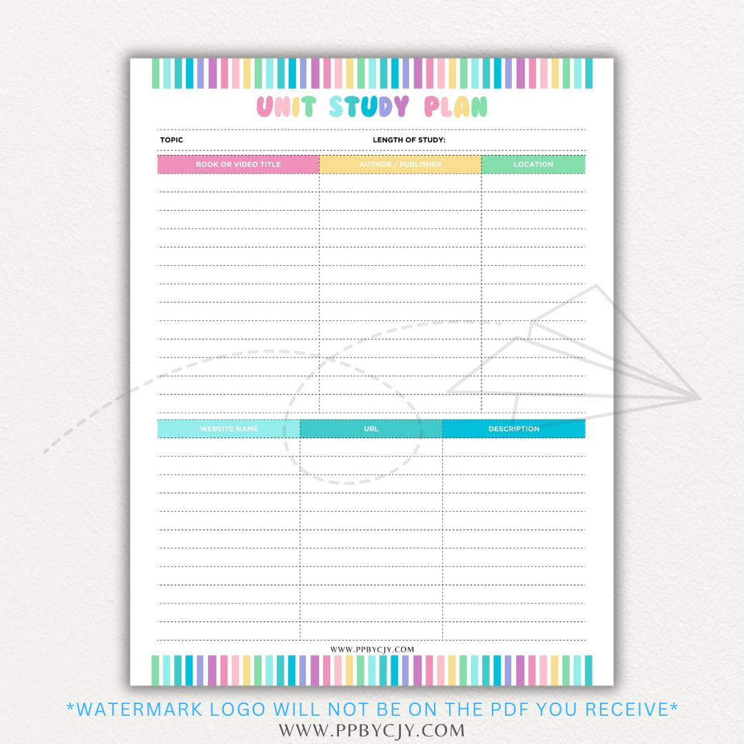 Unit Study Planner Printable PDF Template for homeschool and independent learning organization.