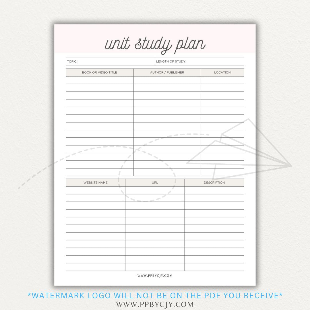 Unit Study Planner Printable PDF Template for homeschool and independent learning organization.