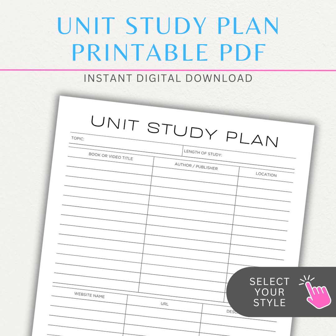 Unit Study Planner Printable PDF Template for homeschool and independent learning organization.