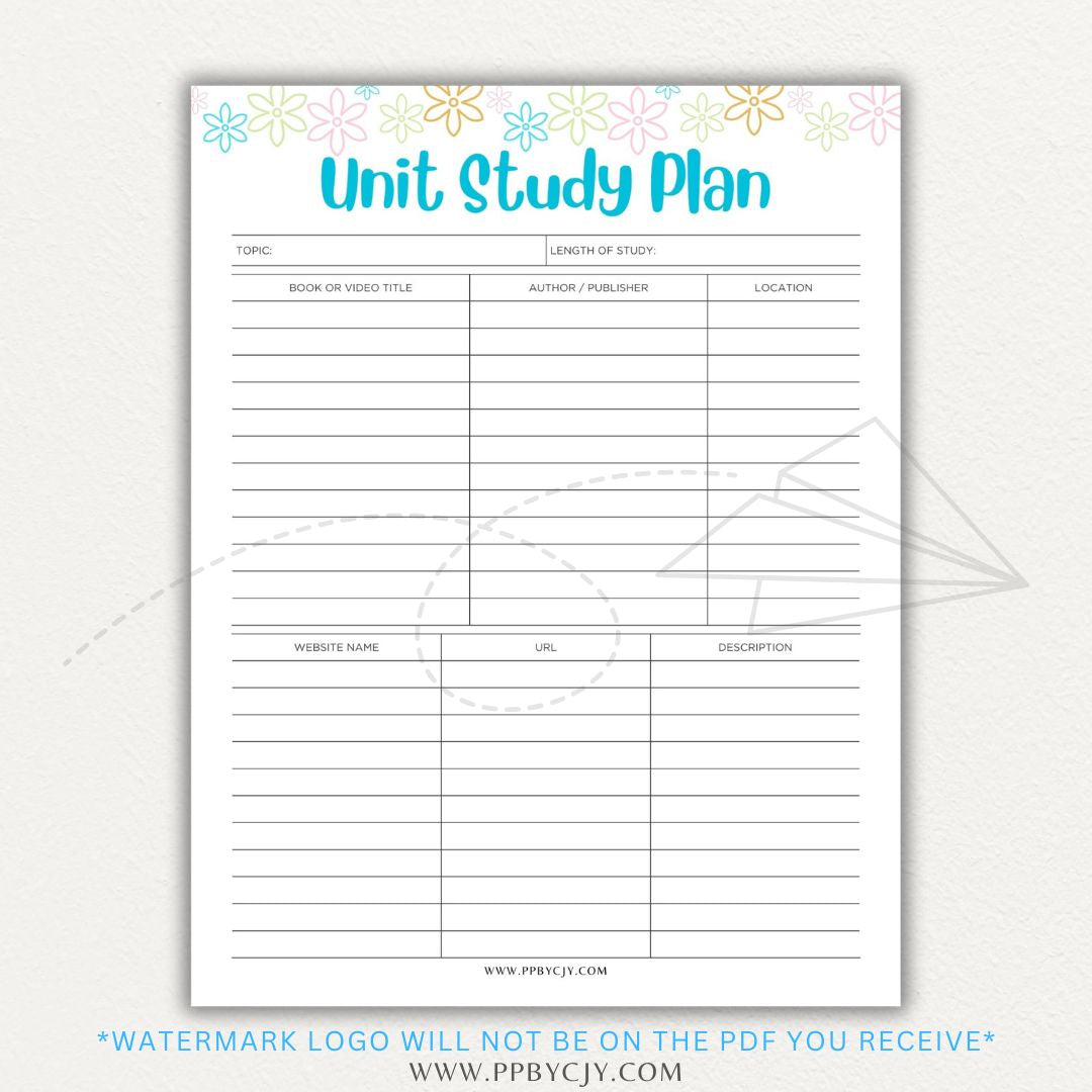 Unit Study Planner Printable PDF Template for homeschool and independent learning organization.